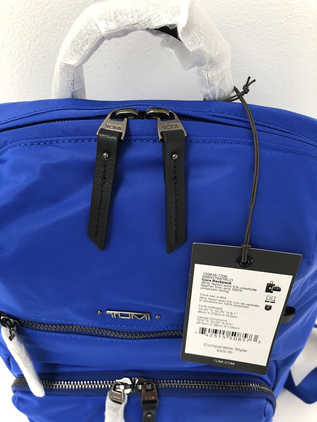 NWT Tumi Cora Backpack Shoulder Bag Dazzling Blue Nylon 5 Leather Trim