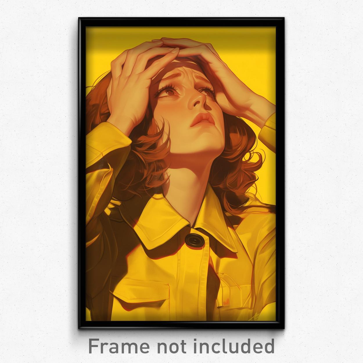 Vintage Movie Art Poster - Anxious Woman in Bold Yellow Retro Film Print