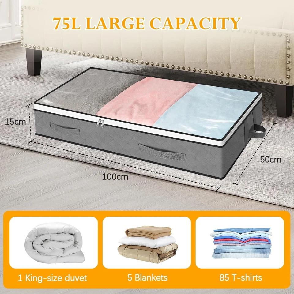 3 Pezzi Contenitori Sottoletto 75L, Maniglia Rinforzata, Finestra Trasparente, O - Immagine 2 di 4