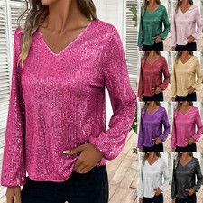 Ladies V Neck Sparkly Sequins Long Sleeve Tops Blouse Christmas Xmas Shirts SIZE