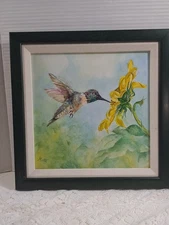 Original Watercolor Hummingbird & Sunflower Painting Signed Motta Framed 12.5" 