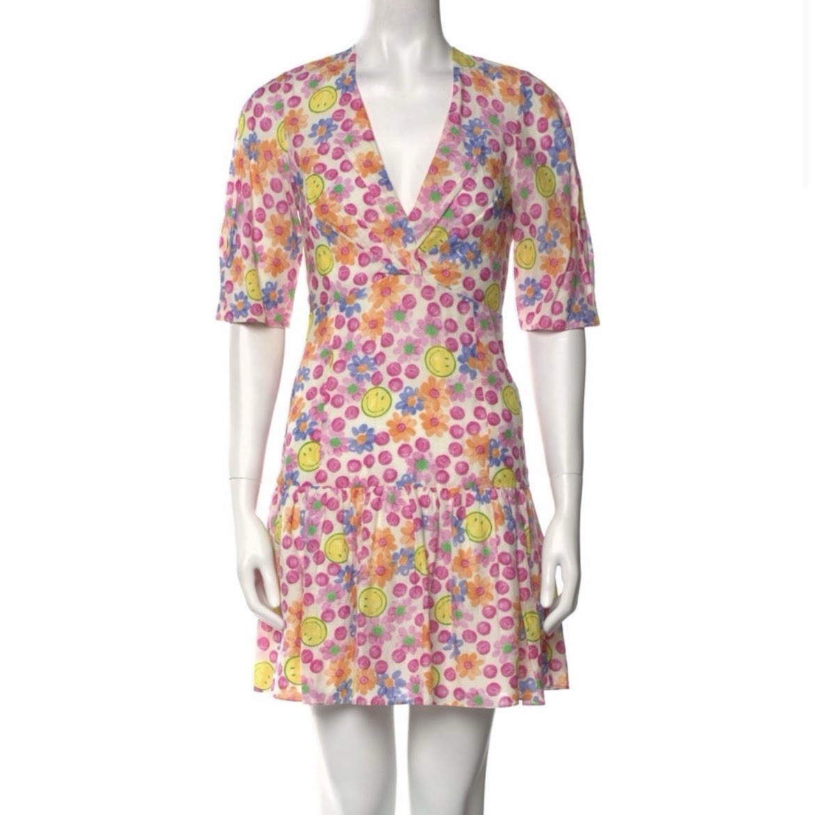 Sandro Smiley Multicolor Floral Short Sleeve Flouncy Dress Size US 2/XS/EU 34