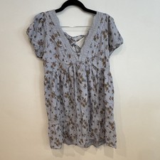 Urban Outfitters Blue Yellow Floral V-Neck Lace Trim Tie Back Puff Mini M
