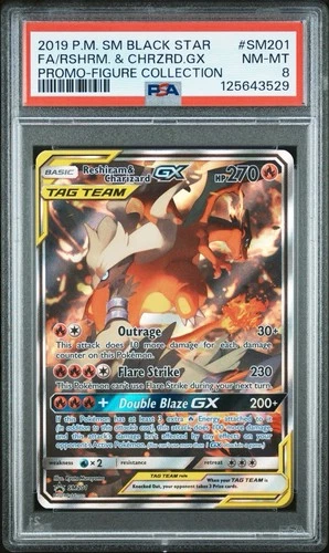 2019 POKEMON BLACK STAR PROMO SM201 FULL ART/RESHIRAM & CHARIZARD GX PSA 8