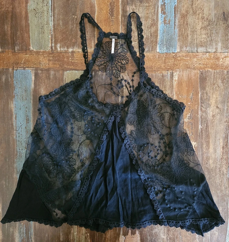 Camiseta sin mangas Poof negra de encaje transparente aline halter boho festival gitana talla grande ¡SEXY! Foto 4 de 4
