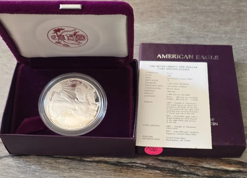 U.S. Mint 1986 American Eagle 1 oz .999 Silver Proof Dollar Coin w/ Box COA