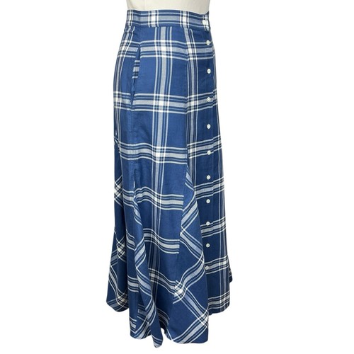 Polo Ralph Lauren Maxi Skirt Womens 0 Plaid Pleated Long Cottagecore A-Line Blue - Picture 2 of 13