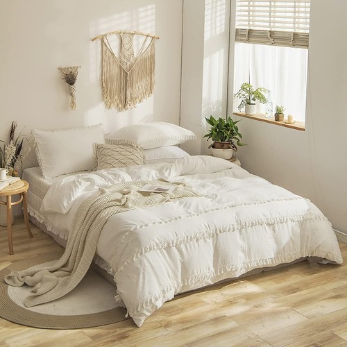 100% Cotton Tassel Duvet Cover- 5 Piece Boho White Tufted Bedding Comforter Set - Picture 6 of 41