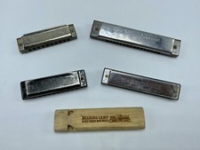 Lot of 5 Harmonicas and Wooden Train Whistle Hohner Pocket Pal Music Master Full