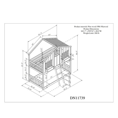 Twin Over Twin House Bunk Bed Solid Wood Loft Bunk Bed Platform Bed Frame Daybed - Picture 10 of 10