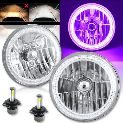 7'' Purple COB LED Halo Angel Eye Headlights 4000Lm LED Light Bulb Headlamp Pair