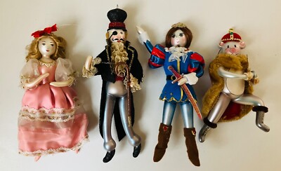 4 Nutcracker Vintage Blown Glass Lady Ornaments Clara Prince Mouse King Dros 8''