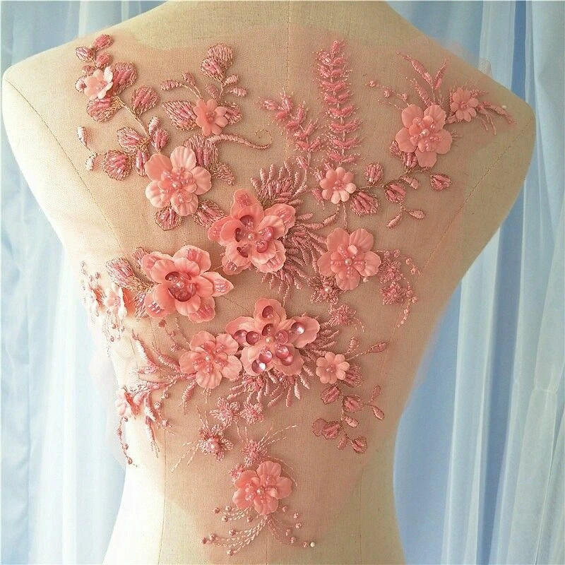 3D Floral Beaded Embroidery Lace Applique Patch Wedding Dress Cloth Decor Craft - Image 4 of 4