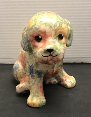 Vintage Global Studios Ceramic Floral Decoupage Puppy Dog Figure MADE IN CANADA