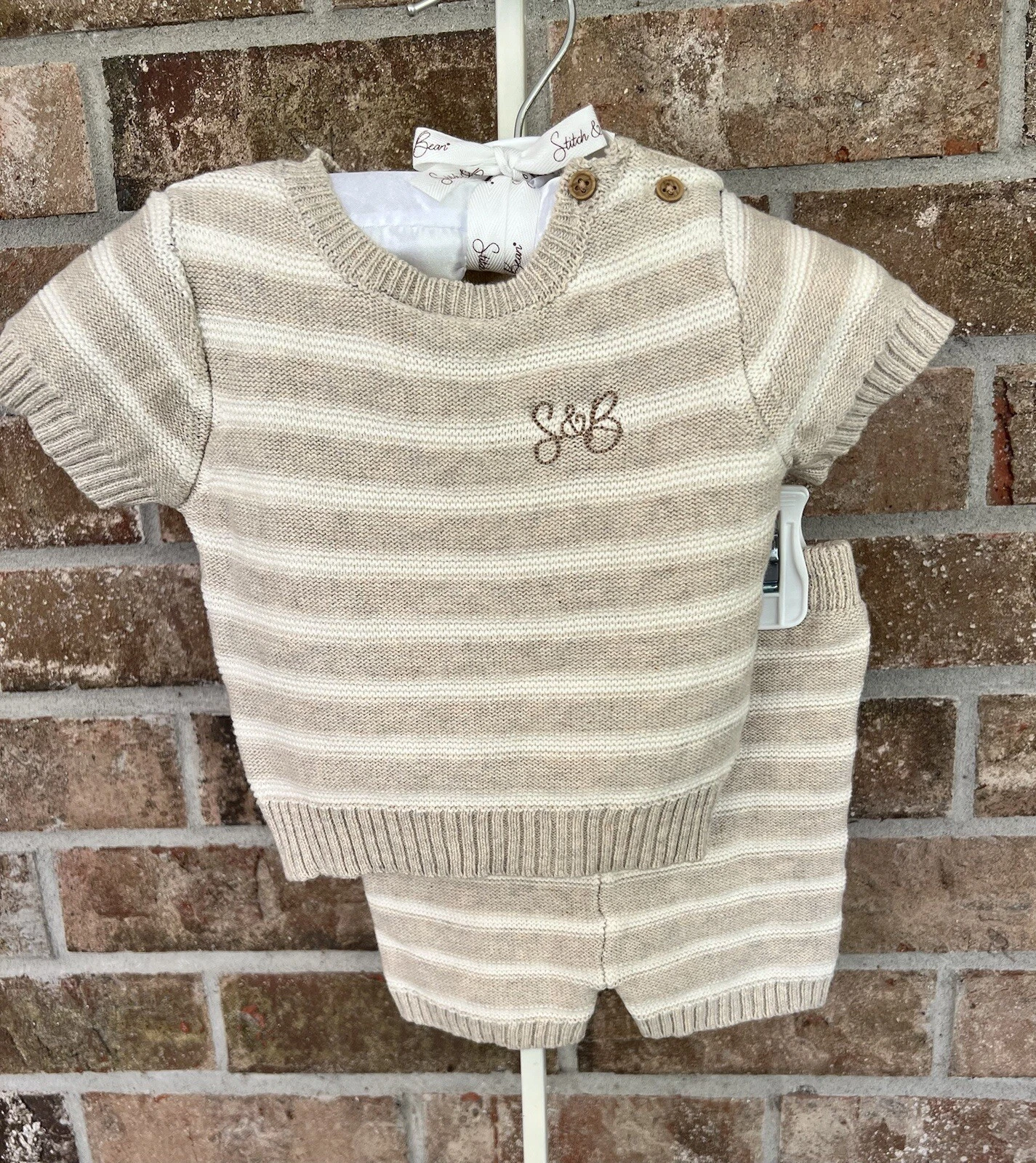 Baby Boy 2 Piece Beige Striped Knit Short Set Size 3-6 Months Stitch & Bean