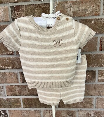 Baby Boy 2 Piece Beige Striped Knit Short Set Size 3-6 Months Stitch & Bean