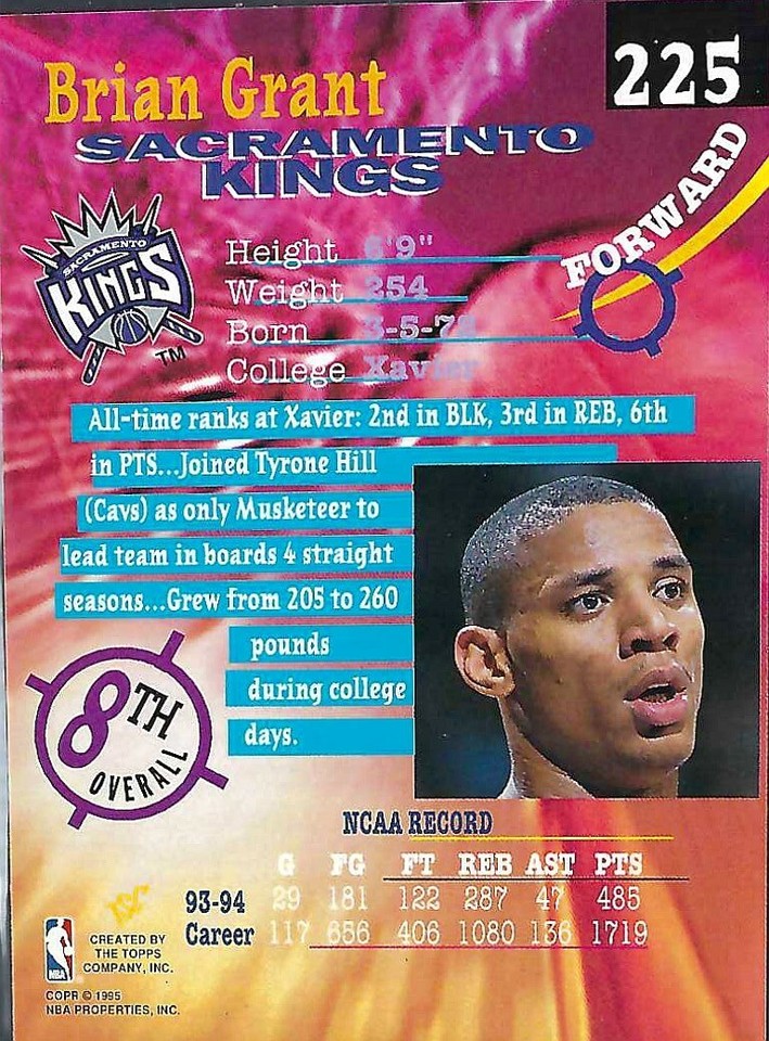 1994-95 Topps Stadium Club Draft Pick 94 Brian Grant - Sacramento Kings