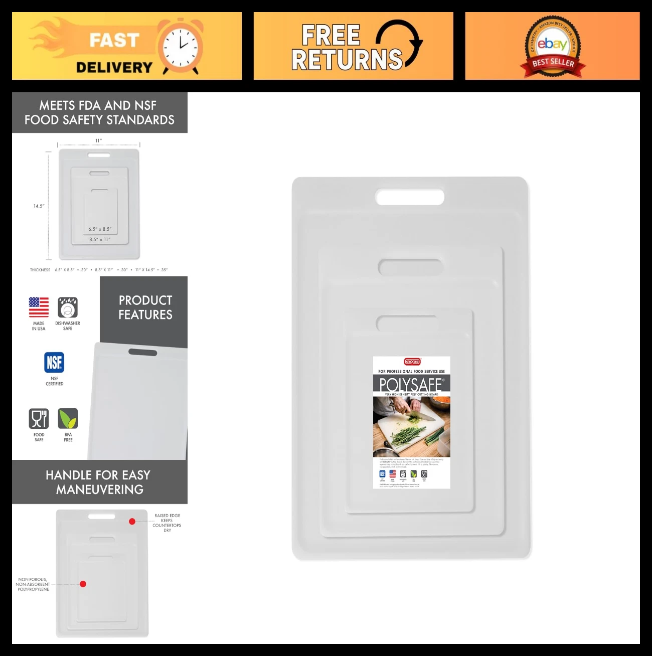 3-Pack NSF Certified Reversible Cutting Boards with Handle - 6.25"x8.5", 8.5"x11