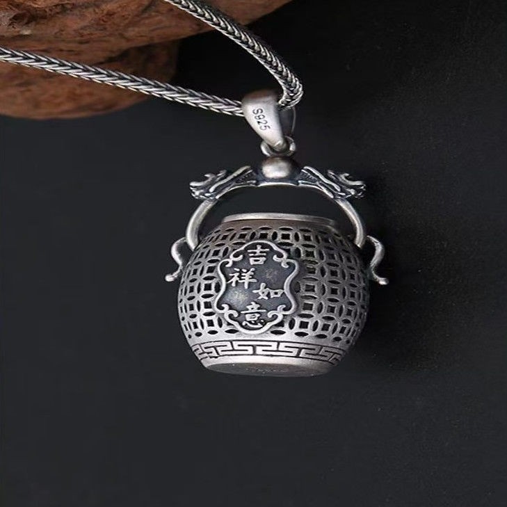 Double Happiness Lucky Ghau Box Pendant Openable Amulet Necklace Vintage Chinese