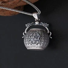 Double Happiness Lucky Ghau Box Pendant Openable Amulet Necklace Vintage Chinese