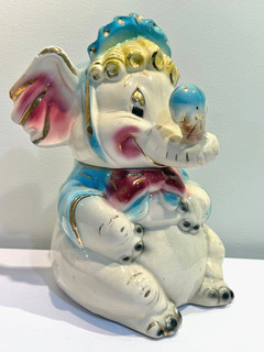 Rare Vintage Brush Gold Trimmed Elephant With Ice Cream Cone Cookie Jar with N/R