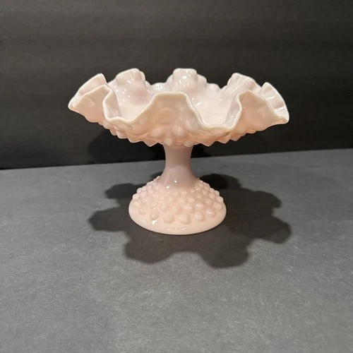 Vintage Fenton Pink Rose Milk Glass Hobnail Pedestal Compote Dish Ruffled