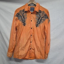 Roar Men's Shirt Tidal Cotton Orange Long Sleeve Embroidered Button Front Size M