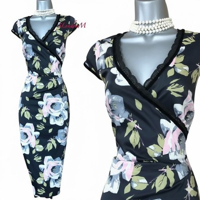 Karen Millen Schwarz Blumenmuster Rose Satin Umhang Top Sanduhr Kleid Eu 10 38