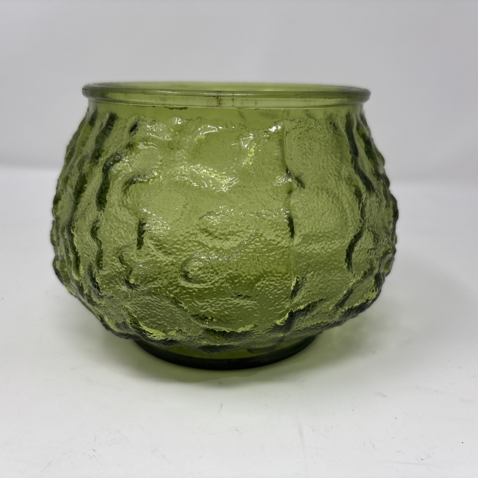 EO Brody Green Crinkle Glass 6 in Wide Mouth Flower Bowl Vase Vintage MCM USA