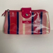 Modella Pink Stripe Cosmetic Bag Case Double Zip Compartments Travel Makeup