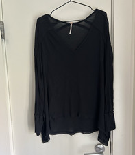 Free People Womens Black Sheer Mesh Knit V-Ne...