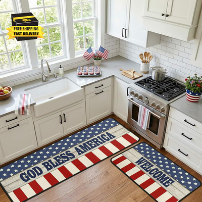 4Th of July Kitchen Mats Set of 2, Patriotic Decor Non Slip Backing American Fla