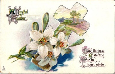 Vintage Easter Postcard Joyful Easter White Flowers Cross Tuck's 716