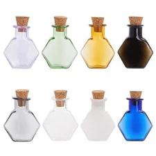 1set 8pcs Mini Colored Glass Bottles Tiny Spell Jars Hexagon Potion Bottles