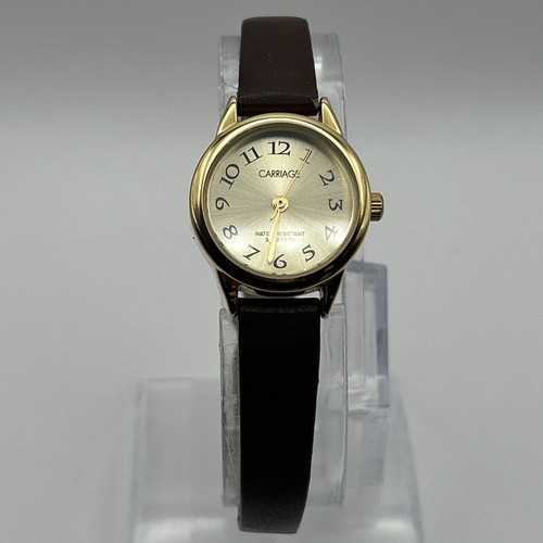 Carriage Timex Watch Womens Gold Tone Dial Brown Syn Leather Band NEW BATTERY 7" - Picture 2 of 12