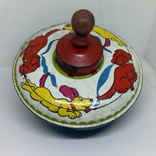 Vintage Small Spinning Top Tin Litho Dogs Red Yellow Blue w Wood Knob
