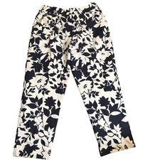 Talbots Navy White Floral Ankle Pants, Textured Cotton Blend, Size 8 Petite