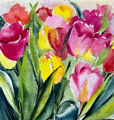 Original watercolor painting « Tulip time» 15х14 sm by I. Tarasova