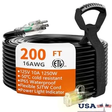 200 Ft Outdoor Extension Cord 16/3 Gauge Waterproof with Lighted End Flexible