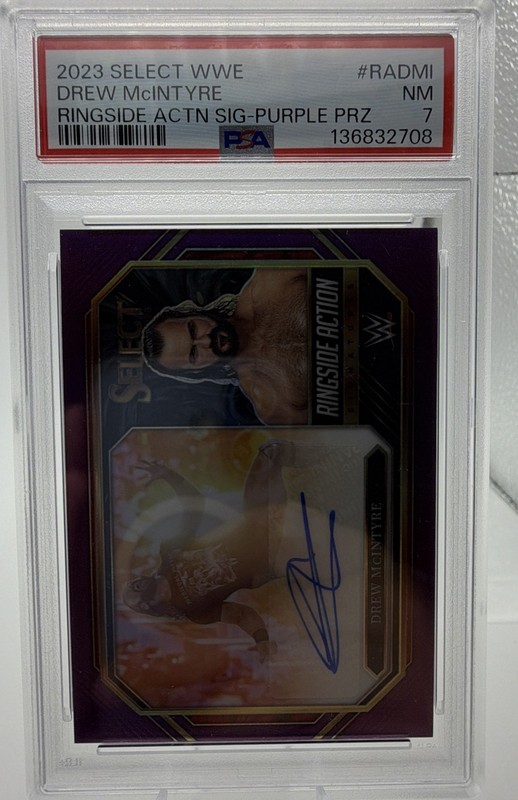 2023 Panini Select WWE Drew McIntyre Ringside Action Signatures Purple /35 PSA 7