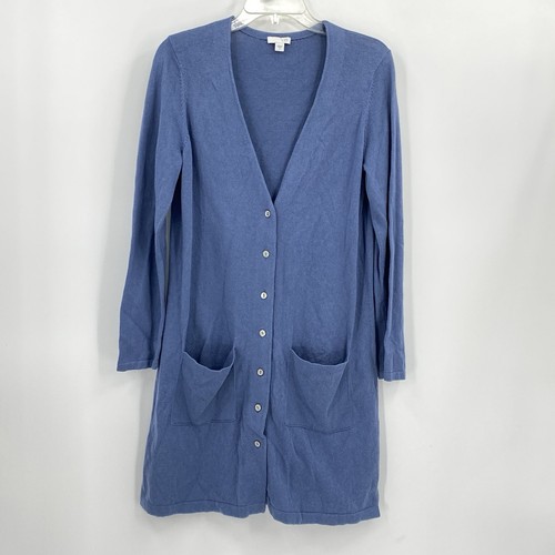 J Jill Blue Duster Cardigan Mother of Pearl Buttons Cotton Silk Blend Womens S - Picture 1 of 5
