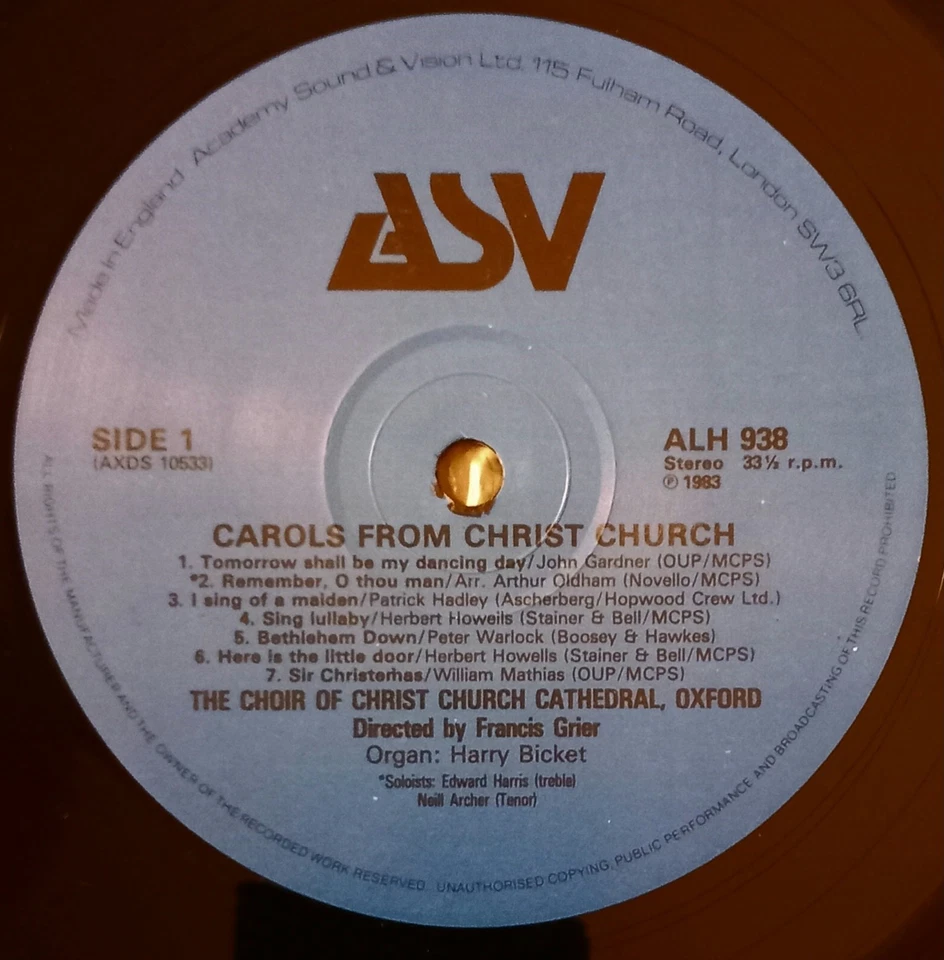 CHOIR OF CHRIST CHURCH CATHEDRAL OXFORD Carols LP UK  vinyl 1983 ASV solo treble - Image 3 of 3