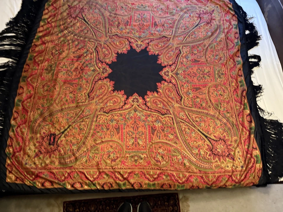 Mantón de piano vintage años 70 YSL Yves Saint Laurent estampado cachemir seda/flecos Foto 3 de 4