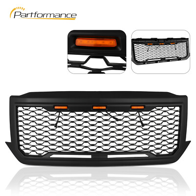 Front Grille For 2016-2018 Chevy Silverado 1500 W/3 Amber LED Lights Matte Black