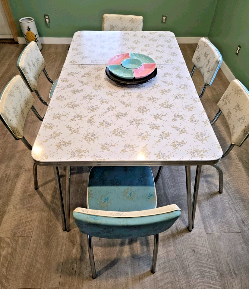 Juego de mesa/hoja/6 sillas vintage DUCHESS años 50 precioso patrón azul/dorado Foto 2 de 4