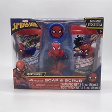 New Spider Man Soap and Scrub Hook Body Wash Shampoo Scrubby Kids Bath Set