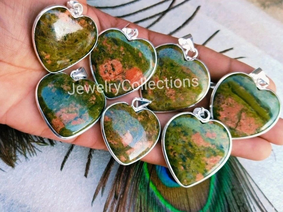 Green Unakaite Gemstone Heart pendant Handmade Bezel Pendant Women Jewelry B117 - Image 2 of 4