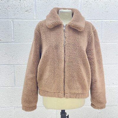 H&M BROWN BORG JACKET THICK WOOLY AVIATOR ZIP UP COAT Y2K UK M UK