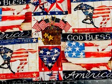 American Flag God Bless Brave Horse Star USA Patriotic 18"x21 Fat Quarter Fabric