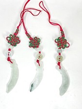 3PC Hand Carved Natural Jade Crescent Blade Pendant Knotted Cellphone Car Charm